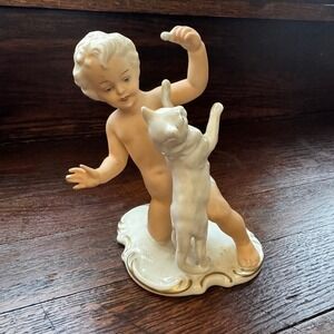 Schaubach Kunst Germany Porcelain Figurine Boy with Cat Vintage Cherub Gold Gilt
